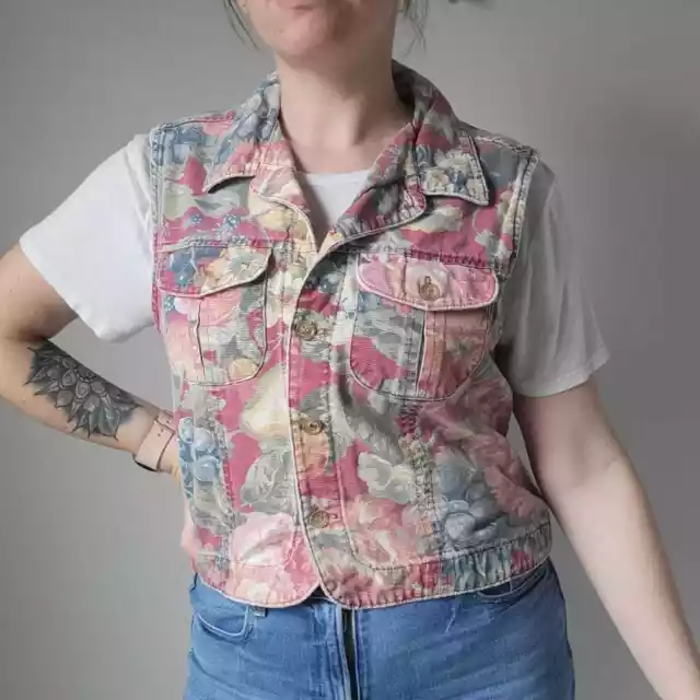 Vintage 90s Gotcha Covered Denim Floral Vest Size Medium