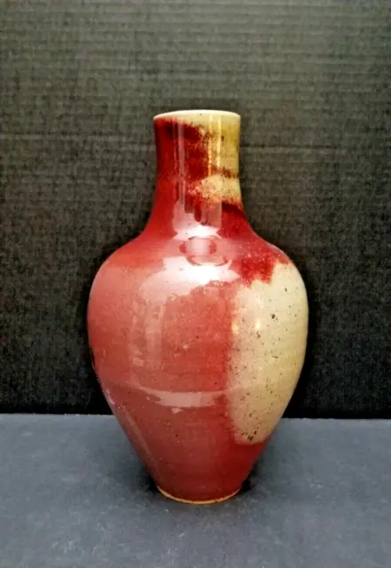 Glazed Flambe Glazed vase with Red finish. 12 inches tall.