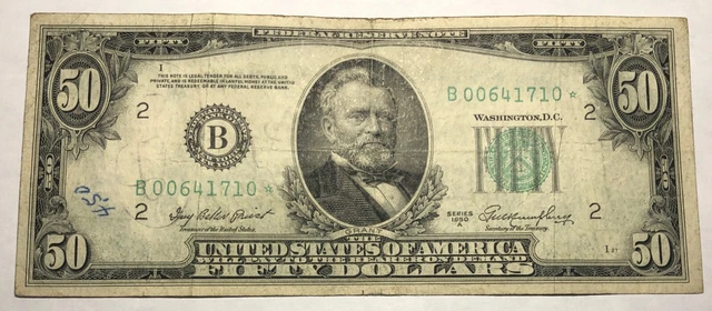 1950A $50 Federal Reserve STAR NOTE New York. FR2108B* F-VF minor ink #rr31