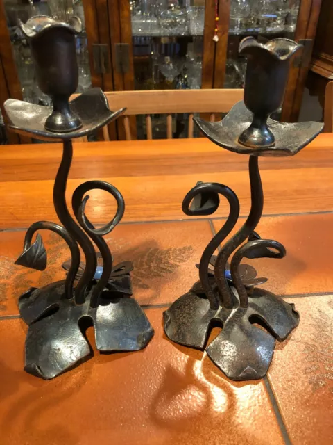 Vintage Pair of Hand Forged Wrought Iron Candlesticks Holders, 10" Tall, 4" Wide 7