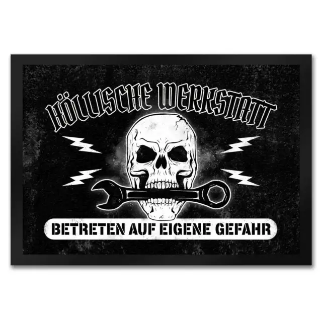 FUßMATTE Höllische Werkstatt in 35x50 cm mit Totenkopf Motiv Kunstfaser Gummi