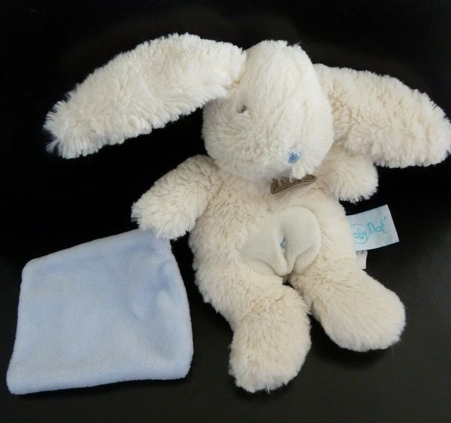 C. Doudou Baby Nat Lapin Blanc Ecru Avec Mouchoir Bleu Motif Croix - Etat Neuf*