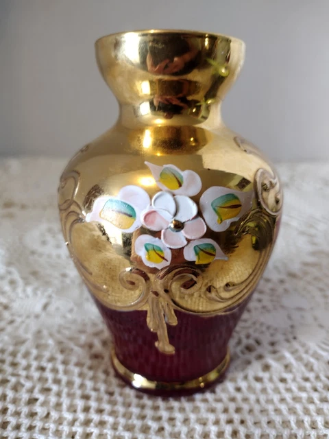 Vintage Bohemian Czech Painted Ruby Red Gold Guilt Crystal Glass Gold Gilt Vase