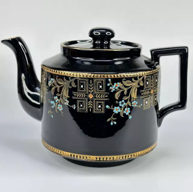 Vintage Black Ceramic Teapot With Gold & Pale Blue Chinoiserie Floral Design