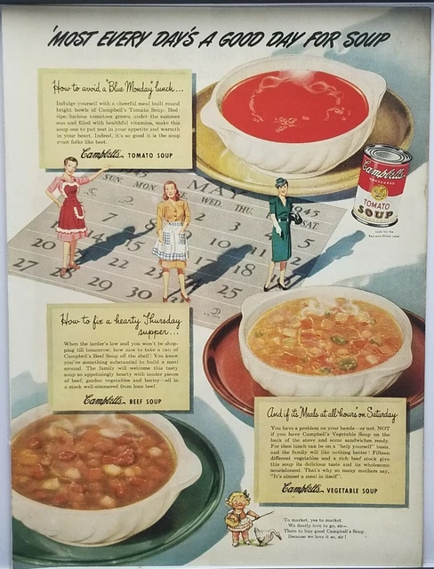 1945 Campbells Soup Tomato Beef Vegetable Vintage WW II Era Color Print Ad
