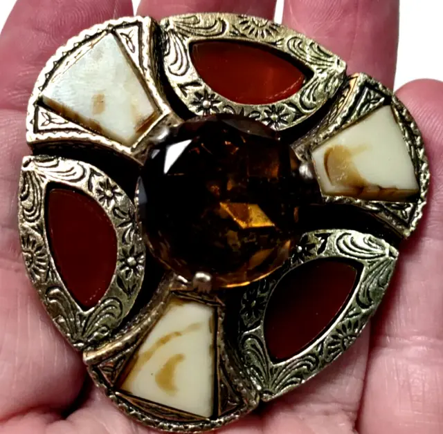 Scottish Celtic Large Brooch VTG Designer Signed Miracle Gold Tone Cloak Pin