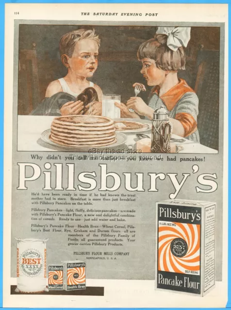 1919 Pillsbury's Pancake Flour Kitchen Art Decor Vintage Print Ad Brother Sister