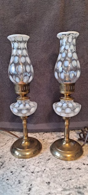 Vintage Pair Old Fenton Glass French Opalescent White Coin Dot Boudoir Lamp