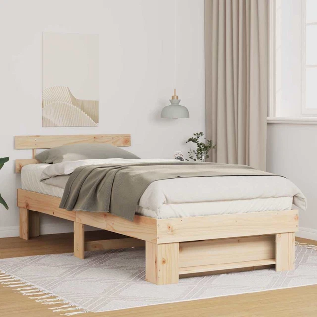 BROWN SOLID PINE Wood Bed Frame with Headboard 90 x 190 cm, Modern ...