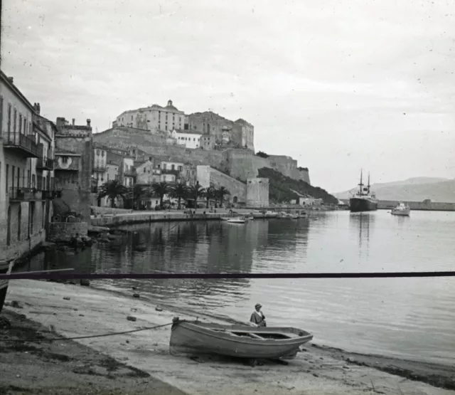 1925 VUE STEREO glass stereoview 6x13cm Corse Calvi ville et quais