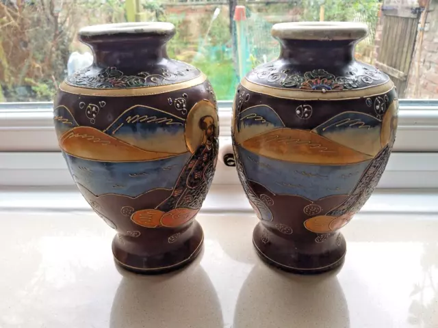 SALE Classic Pair Antique 8" Japanese Satsuma Ware Decorated Flower Vase One A/F