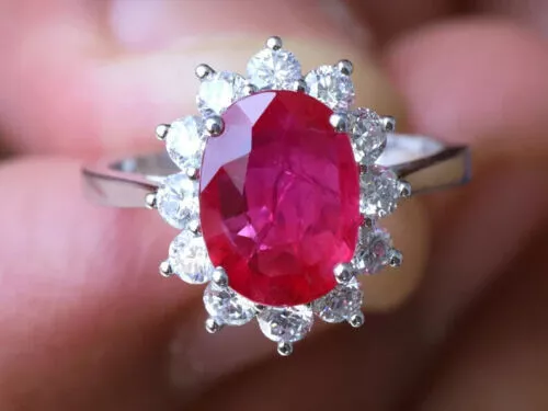 Natural Ruby and Diamonds Gemstone Ring 18K Solid White Gold Ring