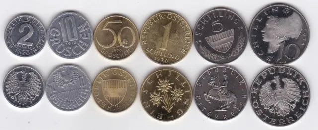 Austria - set 6 coins 2 10 50 Groschen 1 5 10 Shilling 1970 - 1974 UNC / aUNC