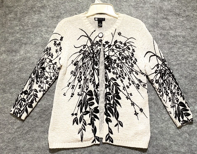 Carole Little Womens Sweater Size Small White Floral Cardigan One Button Knit