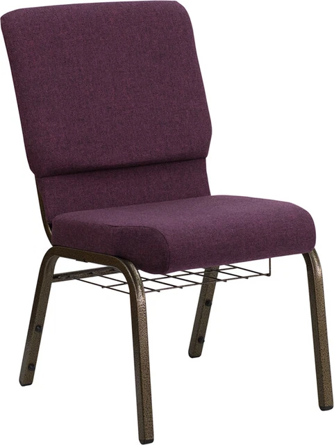 10 PACK 18.5'' Wide Plum Fabric Church Chair with Book Rack and Gold Vein Frame