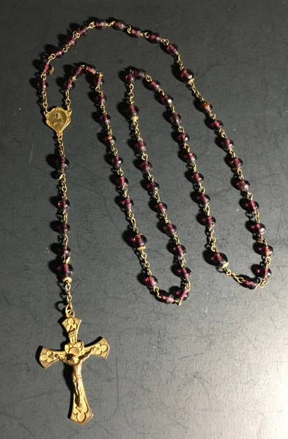 Rosary Our Lady of Mt Carmel Pray For Us INRI Red Beads Crucifix Cross Vintage