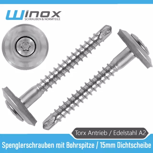 Spenglerschrauben mit Bohrspitze Edelstahl A2 Torx 15mm Dichtscheibe 4,5x20-65mm