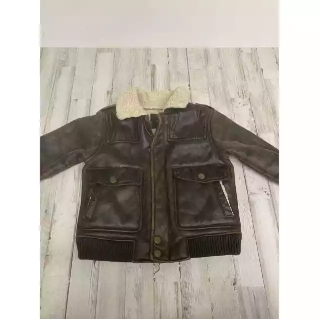 Baby Gap Bomber Jacket Size 4T Brown Leather Zip Up Sherpa Collar Outerwear