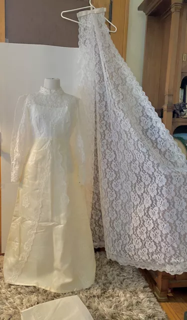 VTG'60s Wedding Dress Empire Waist Bridal Gown Lace Veil/Train Bishop Sleeves