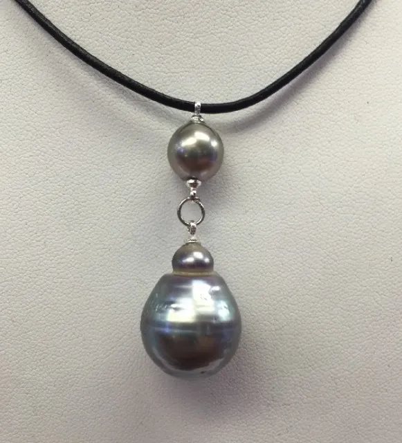 17mm &10mm  Tahitian Pearl Pendant On Leather Cord