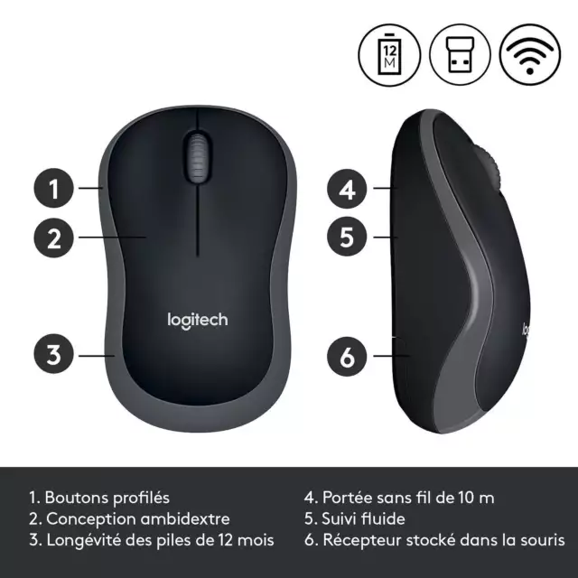 Logitech Wireless Mouse M185 Gris | Souris PC sans fil ambidextre capteur 3
