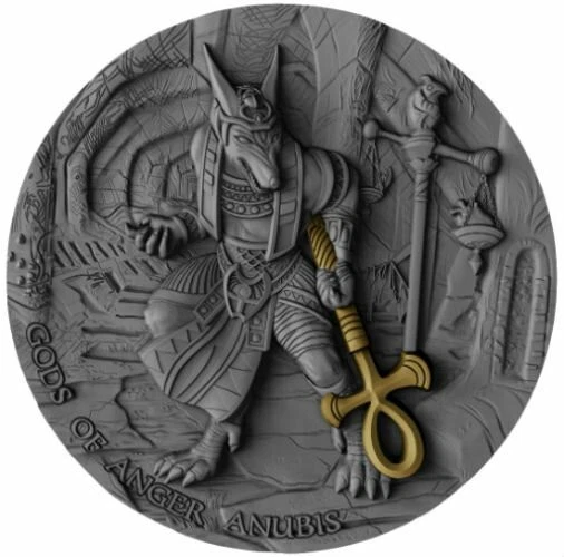 2019 $5 Niue ANUBIS Gods Of Anger Antique Finish 2 Oz Silver Gilded Coin.