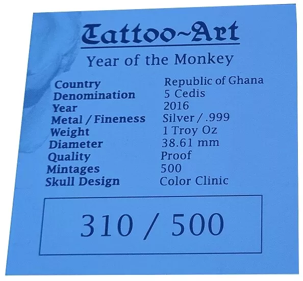 Ghana 5 Cedis 1 Oz Silber *Tattoo Art - Year of the Monkey* 2016 PP nur 500 St. 3