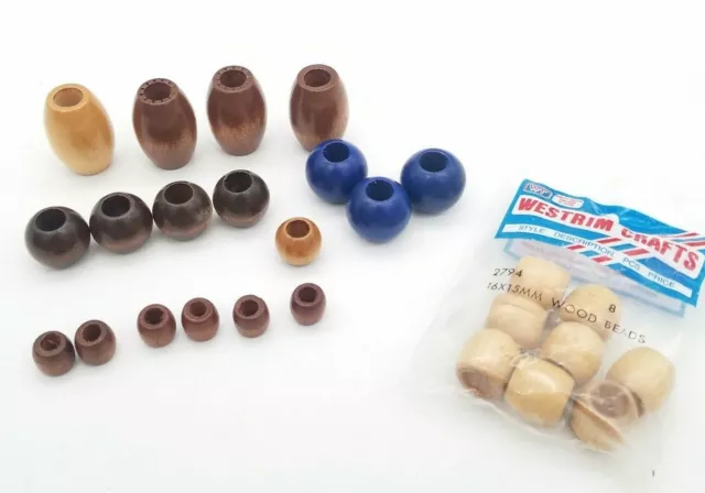 Lot of Wood Macrame Craft Beads Dark Light Brown Blue Vintage Crafting Round