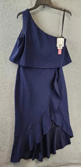 AQUA Asymmetric Popover Midi Dress Women's 10 Navy One-shoulder neck Sleeveless~