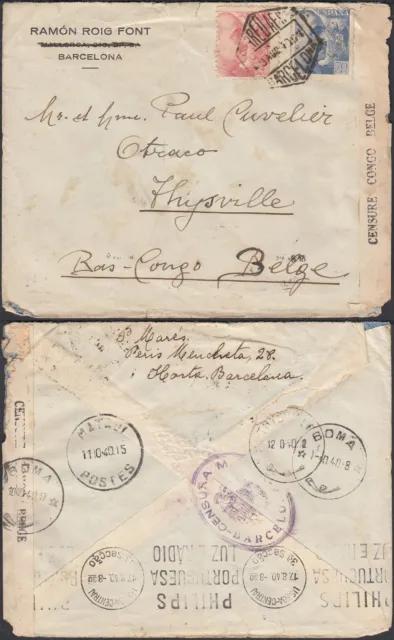 Spain 1940-Cover from Barcelona to Thysville. Censored...(EB) AR-01113