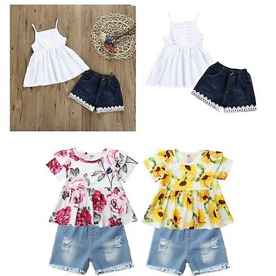 Toddlar Kids Summer Casualwear Baby Girls Outfits Fashion Top Dress+Denim Shorts