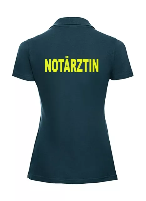 LADY FIT Notärztin Polo-Shirt navy mit Brust- und Rückenaufdruck neongelb