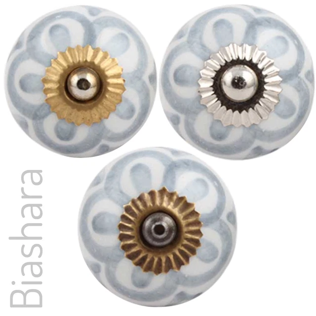 Grey & White Floral CERAMIC DOOR KNOBS Cupboard Handles Cabinet Drawer Vintage