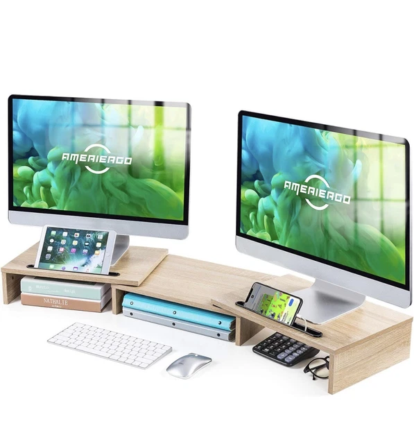LED Dual Monitor Ständer Aus Holz – Höhenverstellbar, Bis 122,4 Cm Länge, Mit 3 Ablagen & RGB-Beleuchtung