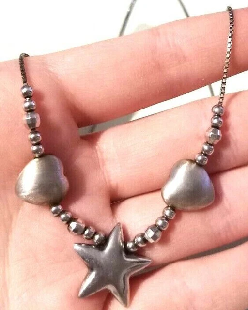 Incantevole Collana In Argento 925 Con Stella - Cuori - Sfere - Catena (Z10)