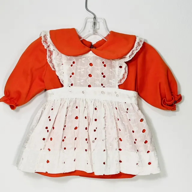 Pinafore Baby Dress Red Orange White Eyelet Apron Bow Handmade 18mo Vintage