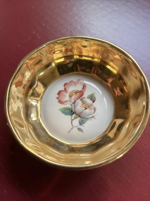 Vintage Prinknash Pottery gold trinket dish with floral design, repaired