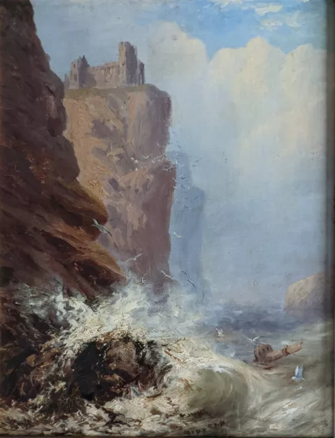 19th Century British School Oil Painting Stormy Seas Fortified Cliff