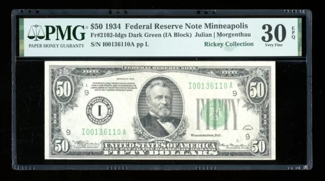 DBR 1934 $50 DGS FRN Minneapolis Fr. 2102-Idgs PMG 30 EPQ Serial I00136110A