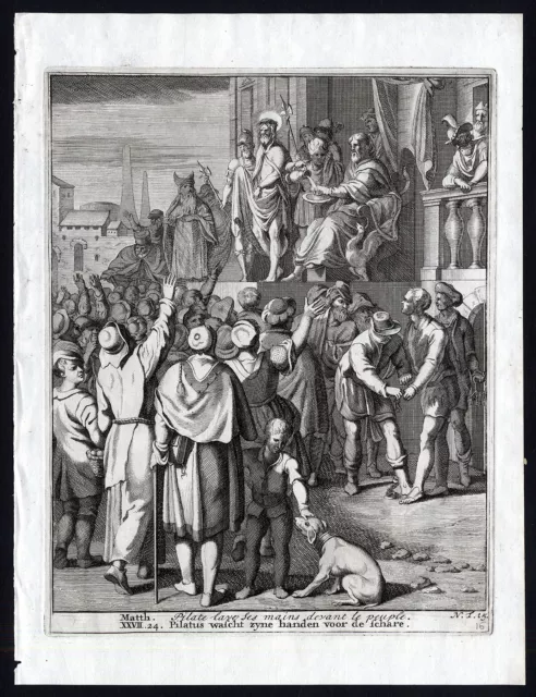 Antique Bible Print-N.T.15-JESUS-PILATUS-CROWD-HAND-WASH-Halma-Scheits-1710