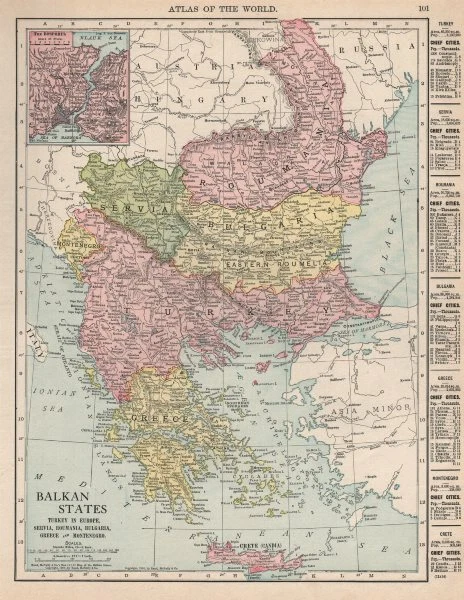 BALKANS Turkey Servia Roumania Bulgaria Greece Montenegro. RAND MCNALLY 1912 map