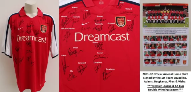 2001-02 Arsenal Double Winners Home Shirt Squad Signed inc. Adams & Bergkamp COA