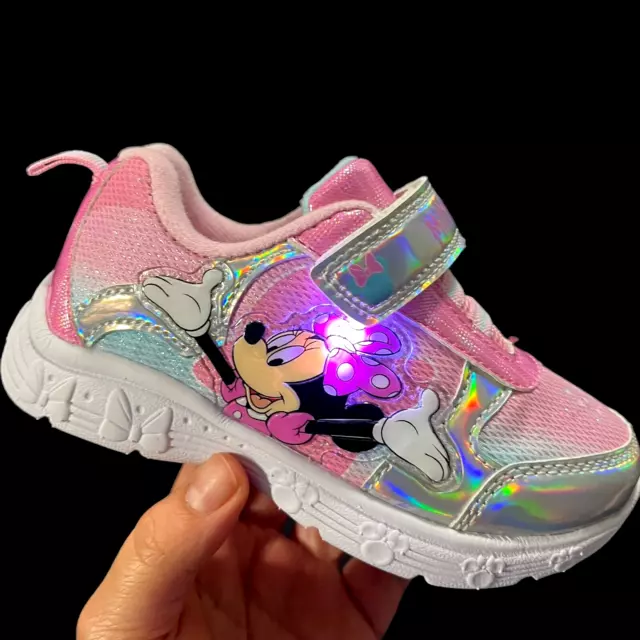 Disney Minnie Mouse Toddler Girls Light Up Sneakers Size 10 Pink Silver Slip on
