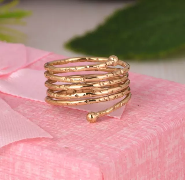 Spring Gold Plated Ring Texture Spiral Rounded Twisted Dotted Rustic Ethnic Yoga