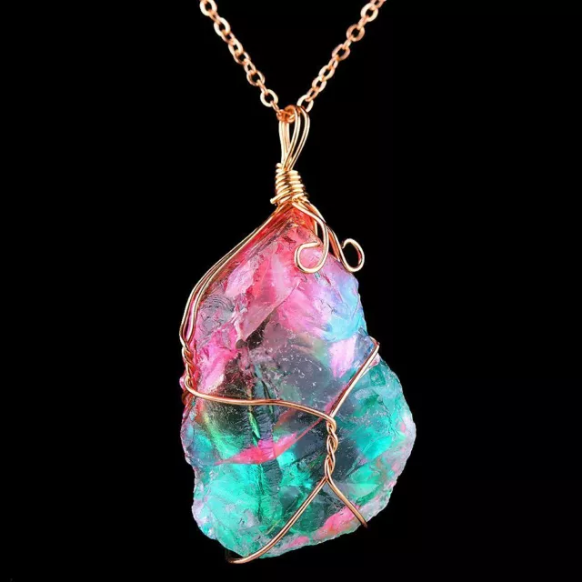 Rainbow Stone Natural Crystal Chakra Chain Quartz Pendant Necklace Jewelry