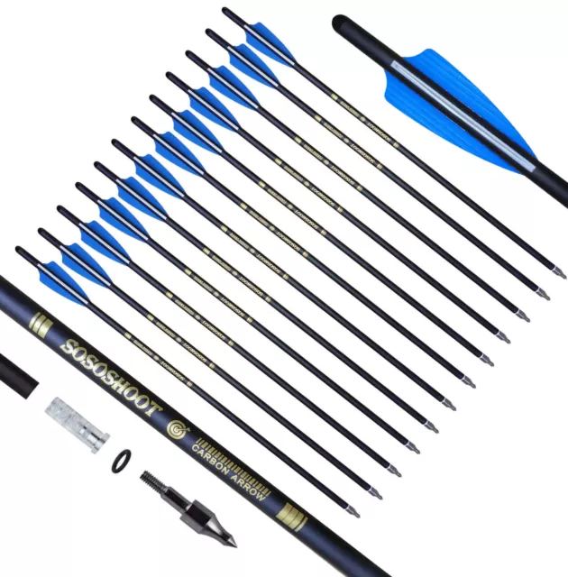 12Pcs 20" Crossbow Bolts Carbon Arrows Half Moon tips 8.8mm Shaft Shoot hunting