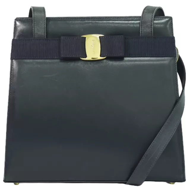 SALVATORE FERRAGAMO VARA Bow Leather Shoulder Bag Navy Gold $176.00 ...