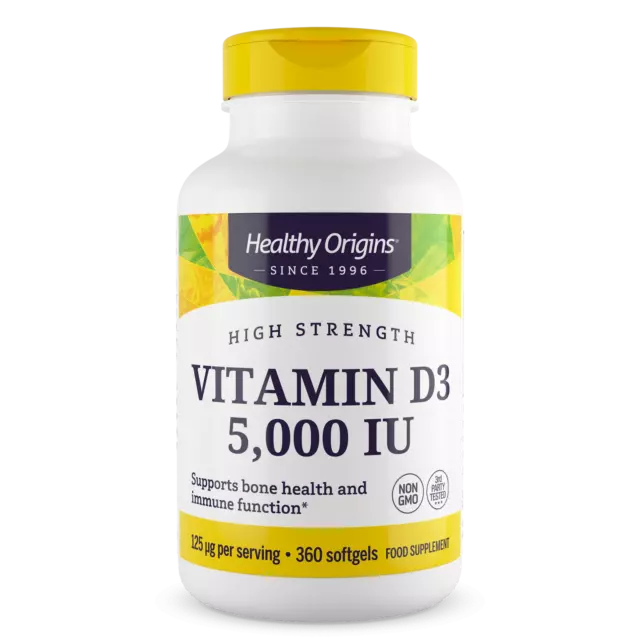 Healthy Origins vitamina D3 5,000iu 360 cápsulas blandas salud inmune y huesos fuertes
