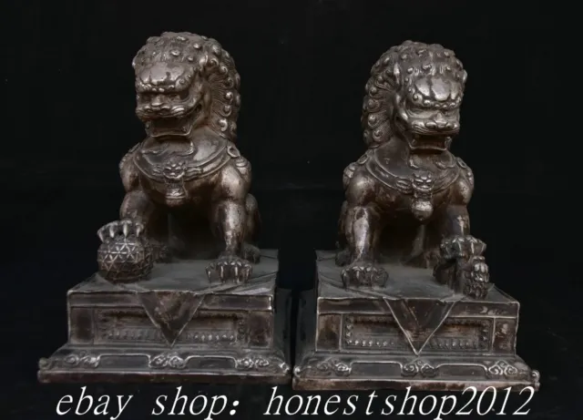 9.6" Alte chinesische Silber Dynastie Fengshui Foo Fu Lion Beast Statue Paar
