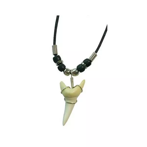 2 LARGE SHARK TOOTH PENDANT ON BLACK ROPE NECKLACE W SILVER BEADS men women #448